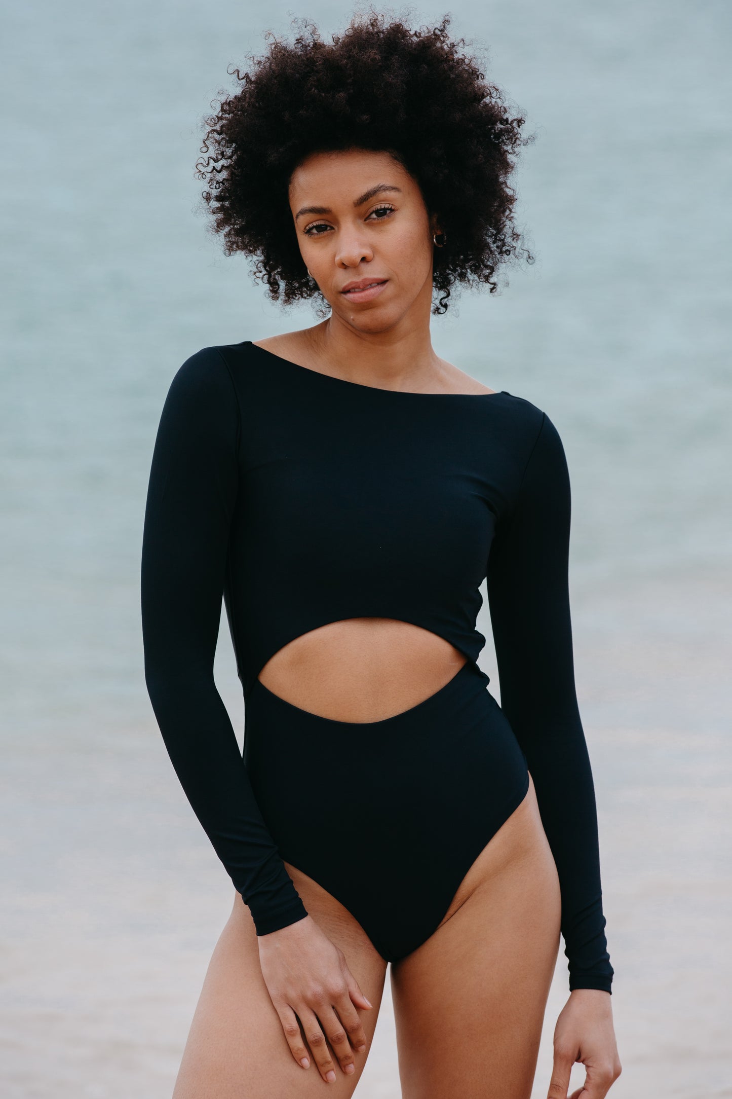 surfsuit one piece swimsuit cutout twist long sleeves black