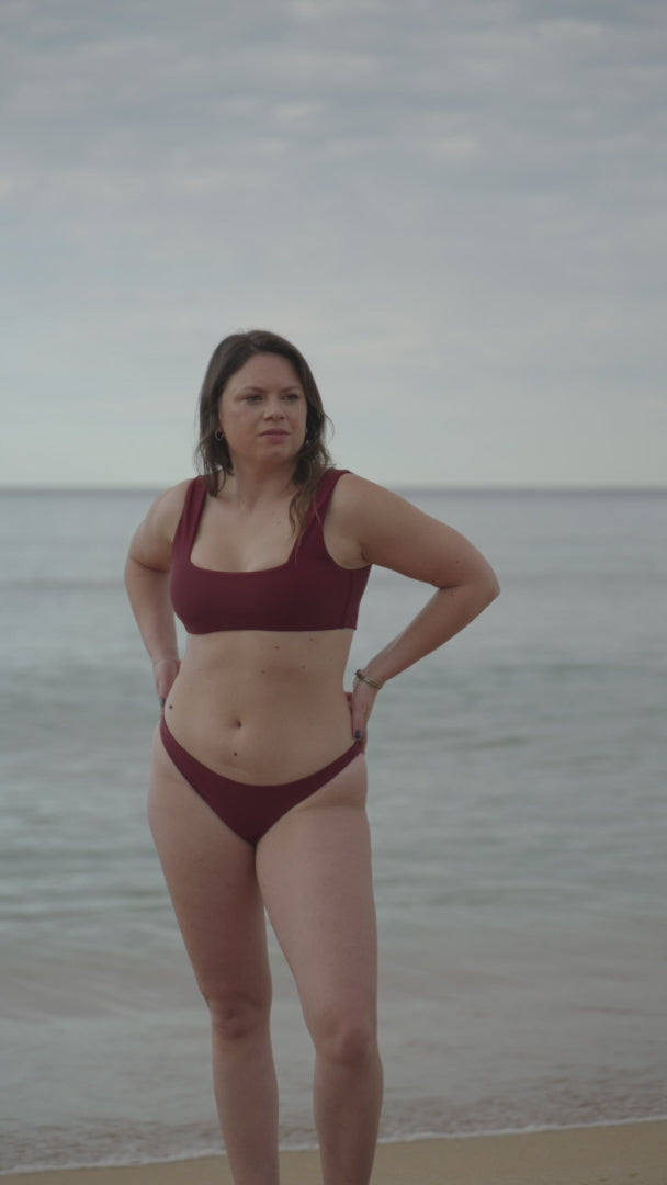 bikini top surf bralette square neck back bows ruby burgundy red