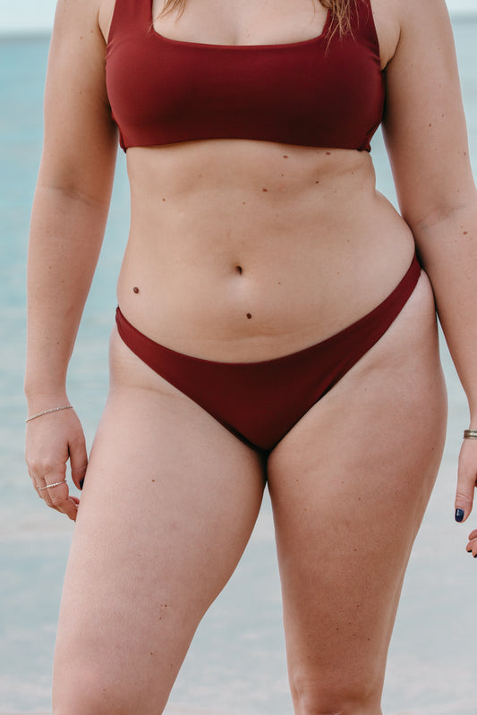 bikini bottom cheeky brazilian mid coverage ruby red burgundy surf