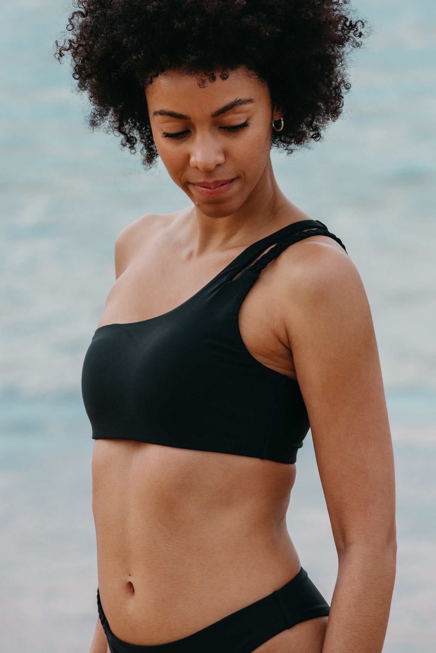 one shoulder bikini top surf braid asymmetrical black