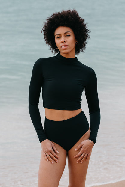 surf cropped top rashguard long sleeves swimsuit black