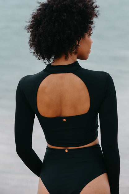 surf cropped top rashguard long sleeves swimsuit black open back