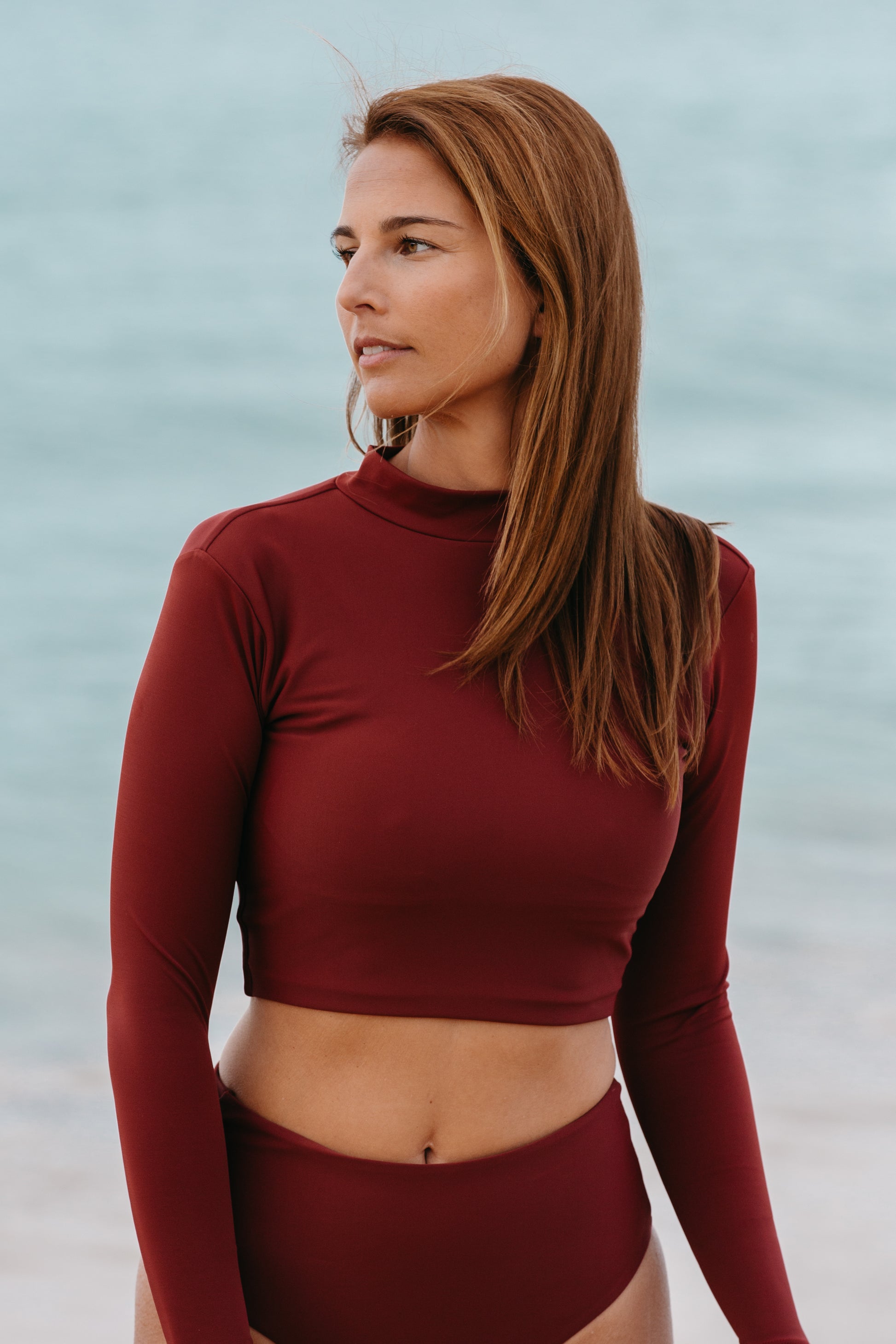 surf cropped top rashguard long sleeves swimsuit burgundy red ruby