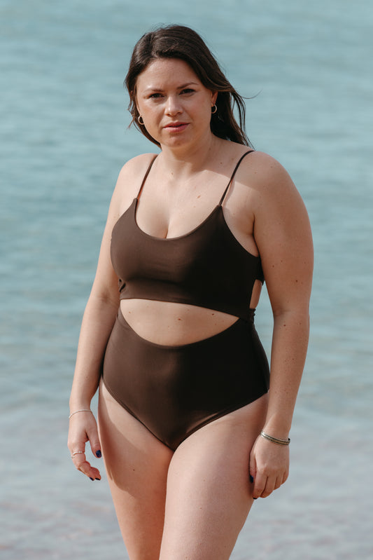 swimsuit one piece brown chocolate espresso surf cutout twist