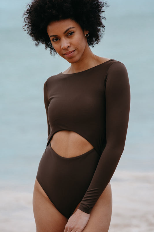 surfsuit one piece swimsuit cutout twist long sleeves brown chocolate