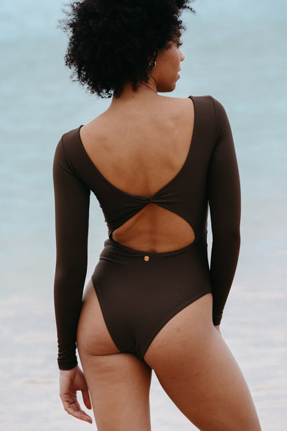 surfsuit one piece swimsuit cutout twist long sleeves brown chocolate