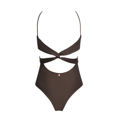 swimsuit one piece brown chocolate espresso surf cutout twist