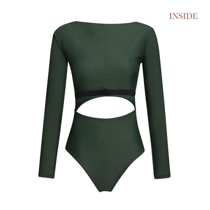 surfsuit one piece swimsuit cutout twist long sleeves army green khaki