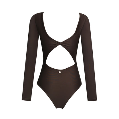 surfsuit one piece swimsuit cutout twist long sleeves brown chocolate