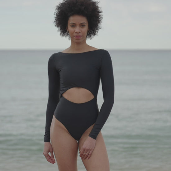 surfsuit one piece swimsuit cutout twist long sleeves black